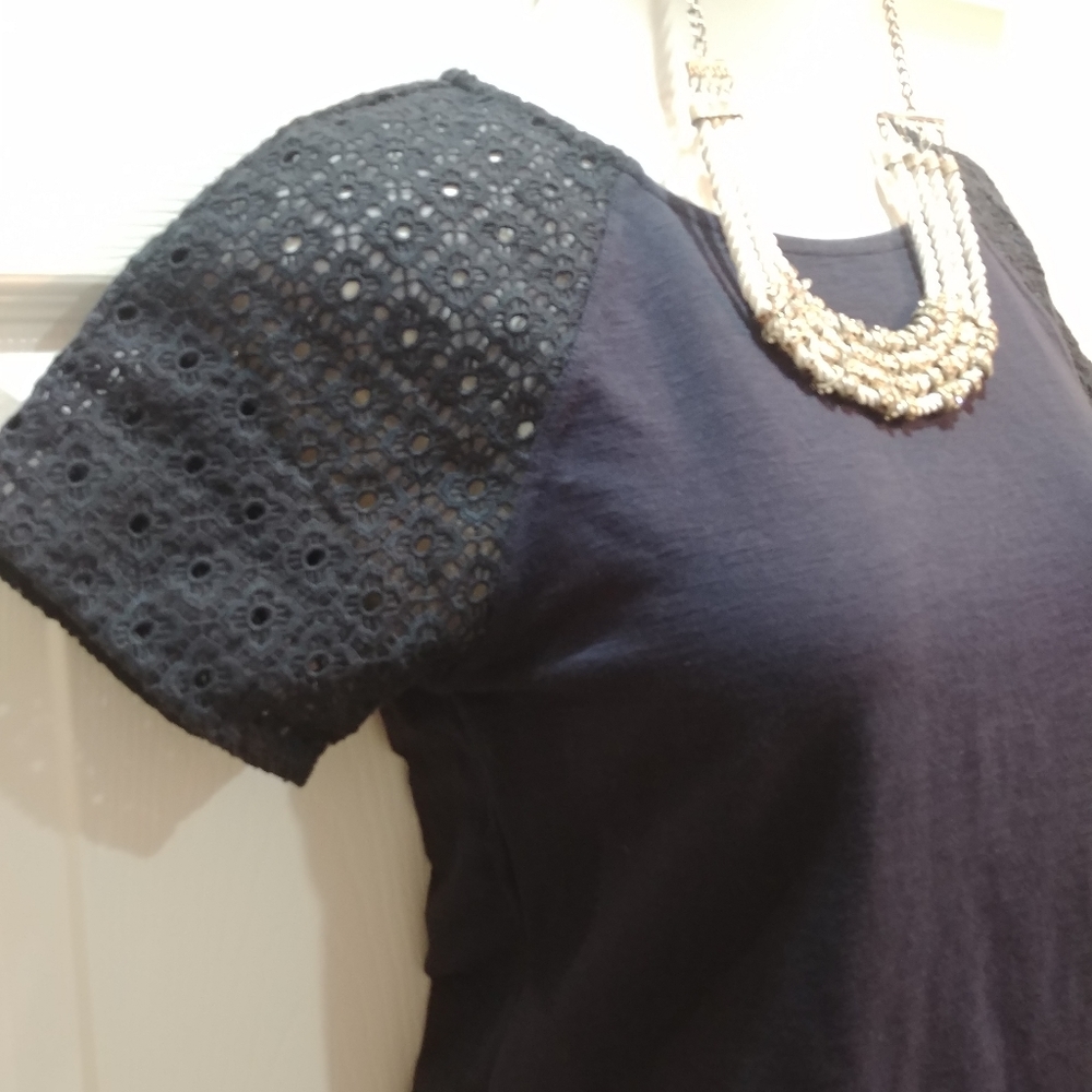J. Crew Navy Top with Black Lace Sleeves